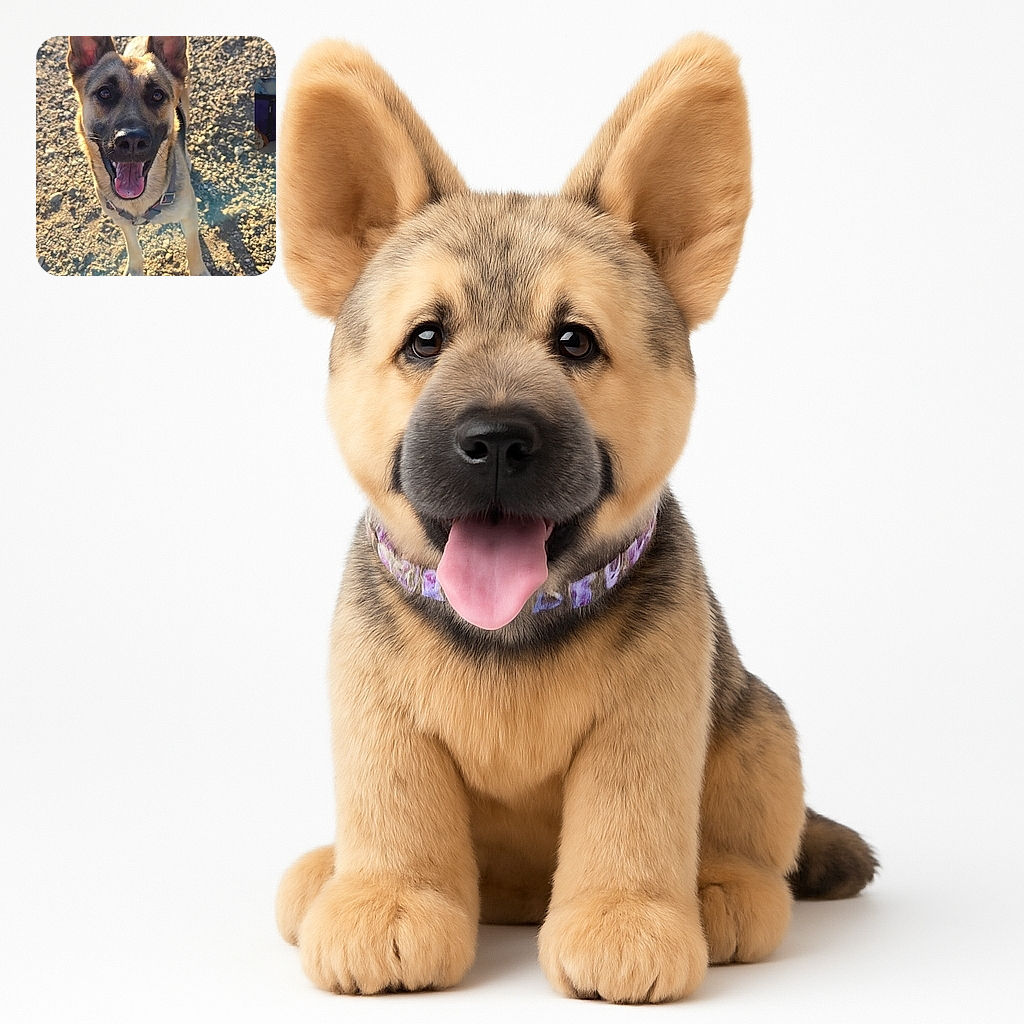 A happy German Shepherd dog standing on a rocky ground with its mouth open and tongue out, looking excitedly at the camera in bright sunlight.