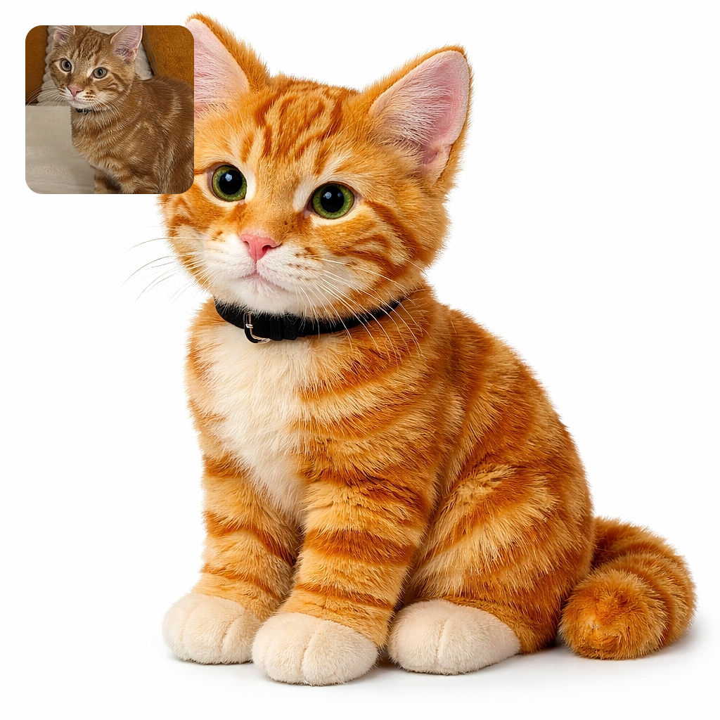 A curious ginger tabby kitten poses like it knows it’s adorable — ears perked, whiskers on display, and a tiny collar peeking out while it sits on a plush blanket between mustard pillows.