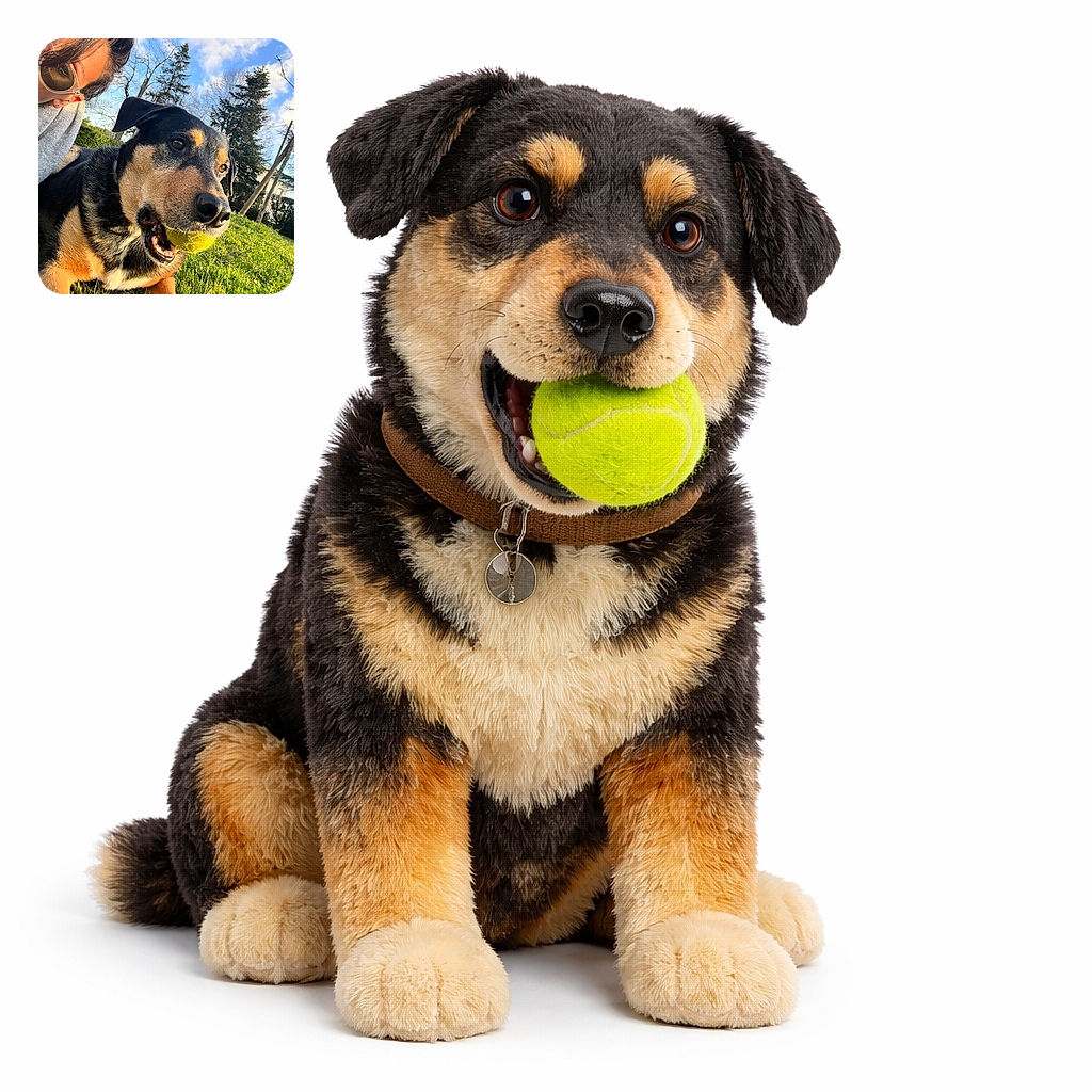 A triumphant tennis-ball hoarder lounges in the grass with a slobbery yellow prize jammed in its mouth while the human selfie-photobombs from the corner wearing sunglasses — trees and a blue sky provide the perfect park backdrop.