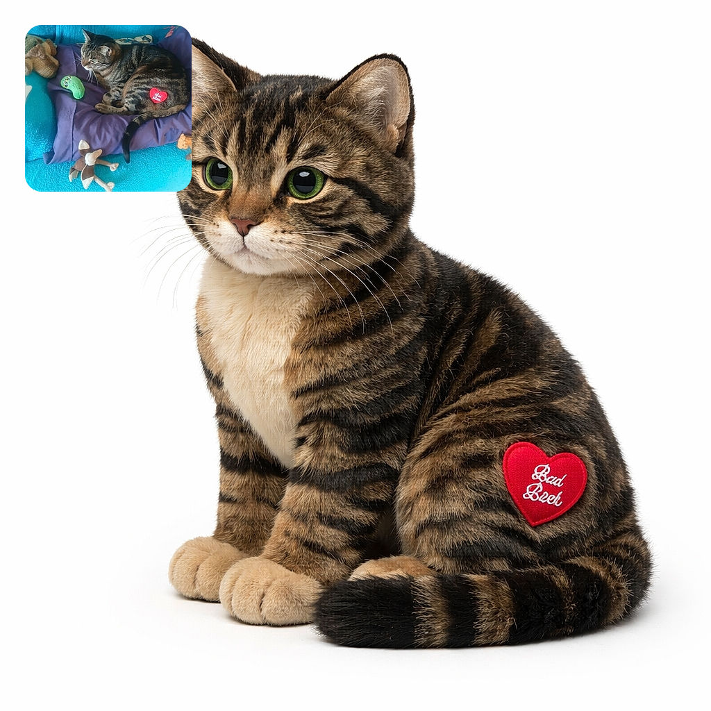 A chonky tabby has claimed the purple pillow throne, flanked by a crochet buddy, a smug pickle toy, a smiling ghost lamp and a tiny heart badge — the plush council of nap approval.
