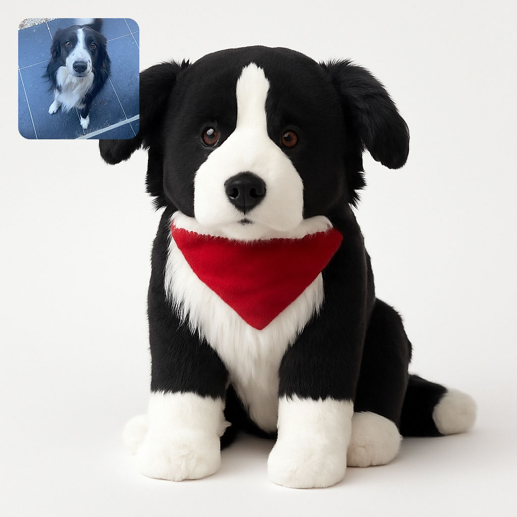 A charming black and white dog sits attentively on a tiled floor, looking up with soulful eyes, while a pair of feet in white sandals frame the bottom of the image, adding a casual, candid vibe.