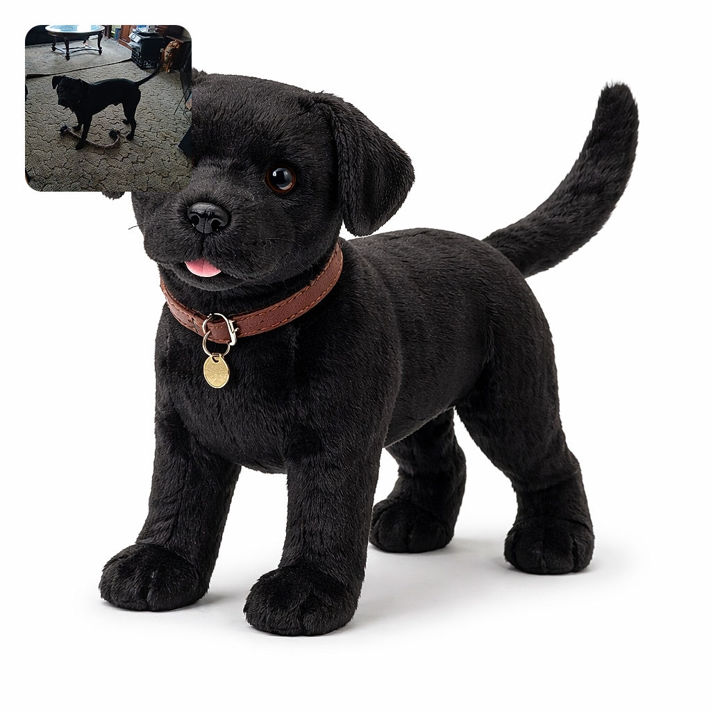 A mischievous black dog stands proud on a well-worn patterned carpet, leash/toy looped at its paws and tail mid-wag like it just heard the word ‘walk’. The living room is cozy and slightly cluttered with a coffee table, couch, plants and a cabinet in soft daylight—this pup is ready to play or negotiate treats.