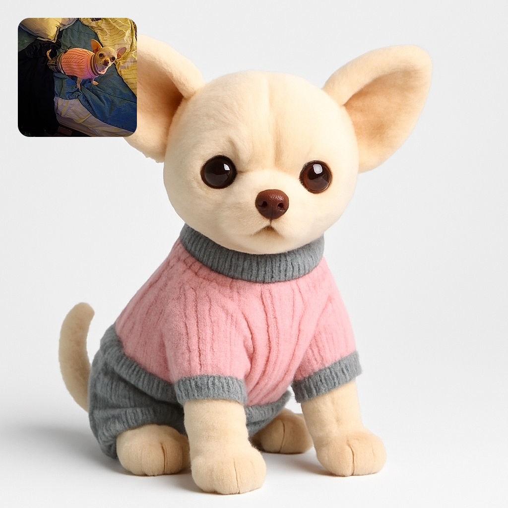 A small dog wearing a pink knitted sweater stands on a messy bed covered with various blankets and pillows, looking curiously at the camera with big eyes and ears perked up.