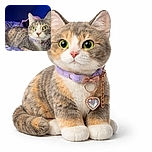 A curious cat with striking green eyes and a sparkling heart-shaped pendant on its collar lounges on a cozy purple-patterned blanket, bathed in soft blue light that adds a calm, dreamy vibe to the scene.