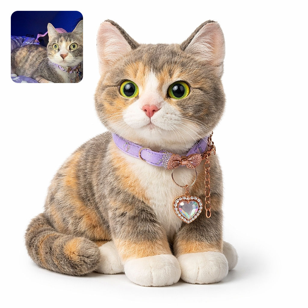 A curious cat with striking green eyes and a sparkling heart-shaped pendant on its collar lounges on a cozy purple-patterned blanket, bathed in soft blue light that adds a calm, dreamy vibe to the scene.