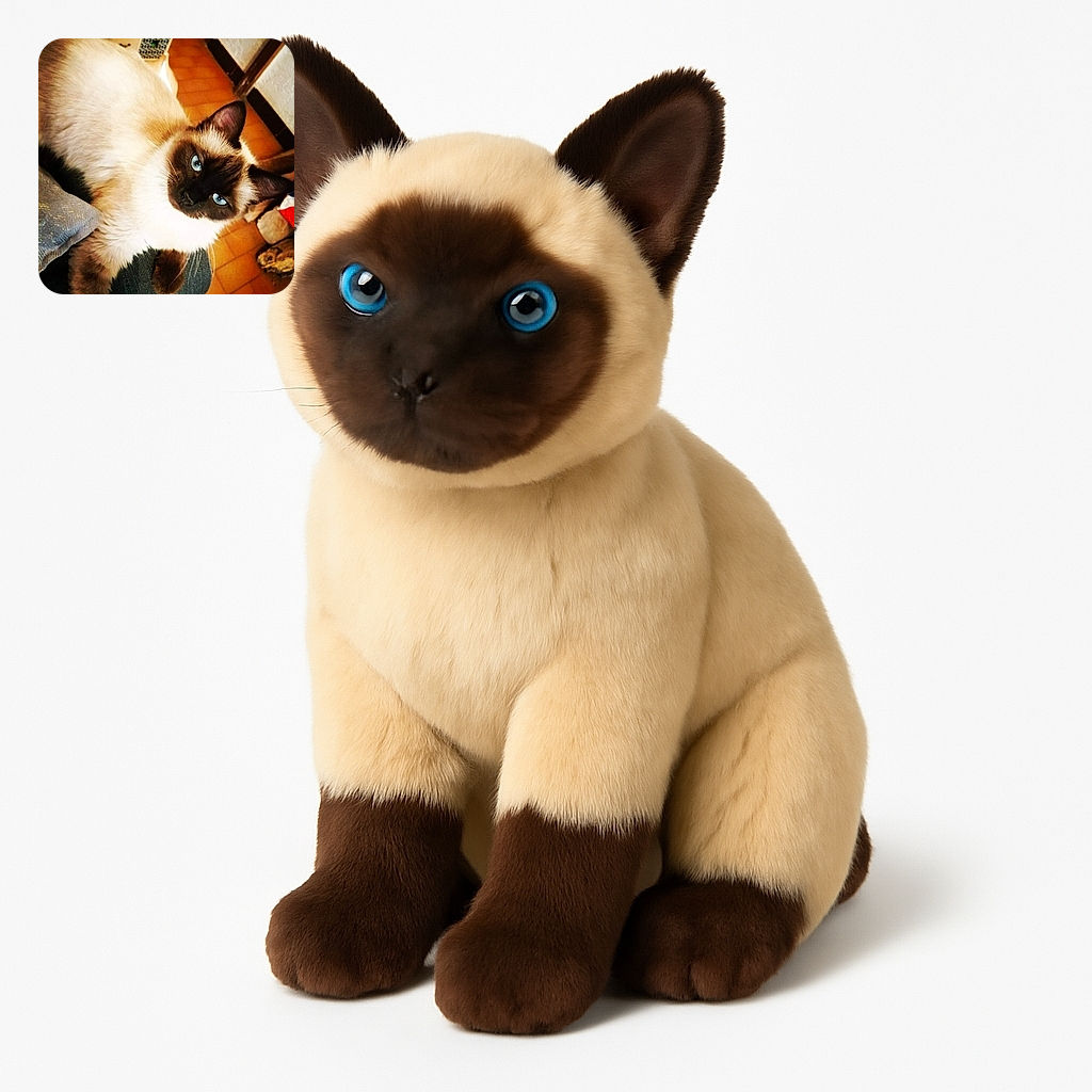 A fluffy Siamese cat with striking blue eyes lounges comfortably on a cozy fabric surface, gazing curiously at the camera. The warm-toned tiled floor and furniture in the background add a homely touch to this candid moment.