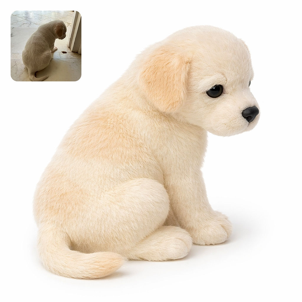 A small puppy sits quietly on a tiled floor, looking down with curiosity at a small dark object near a door frame, bathed in soft natural light.