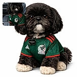 A fluffy black dog with a charming white patch on its chin is sitting attentively in a car seat wearing a green Mexico soccer jersey, looking like the ultimate soccer fan ready for the big game.