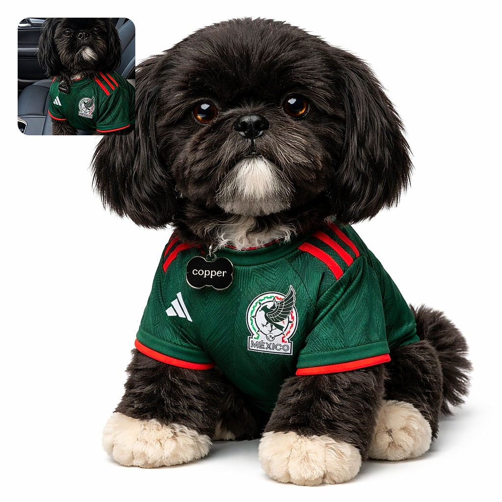 A fluffy black dog with a charming white patch on its chin is sitting attentively in a car seat wearing a green Mexico soccer jersey, looking like the ultimate soccer fan ready for the big game.