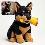 A focused German Shepherd dog proudly holds a yellow rubber chicken toy in its mouth, sitting indoors next to a colorful tapestry and a wall-mounted geometric plant holder with small cactus plants. The dog's attentive expression and the cozy room setting create a charming and playful atmosphere.