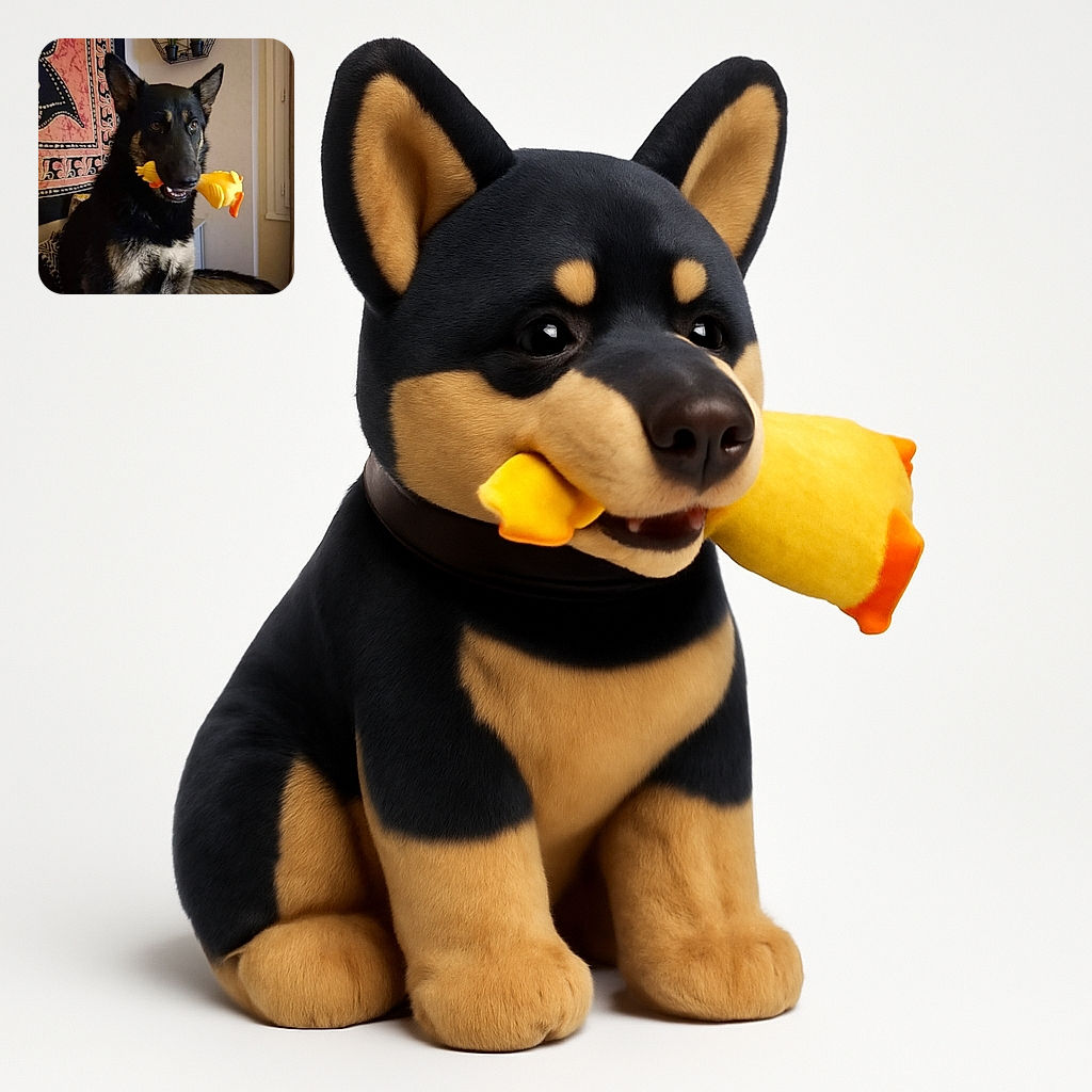 A focused German Shepherd dog proudly holds a yellow rubber chicken toy in its mouth, sitting indoors next to a colorful tapestry and a wall-mounted geometric plant holder with small cactus plants. The dog's attentive expression and the cozy room setting create a charming and playful atmosphere.
