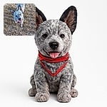 A cheerful dog with speckled gray fur and perky ears looks up at the camera with a big smile, standing in a dry grassy field with golden stalks and soft sunlight creating a warm, natural backdrop.