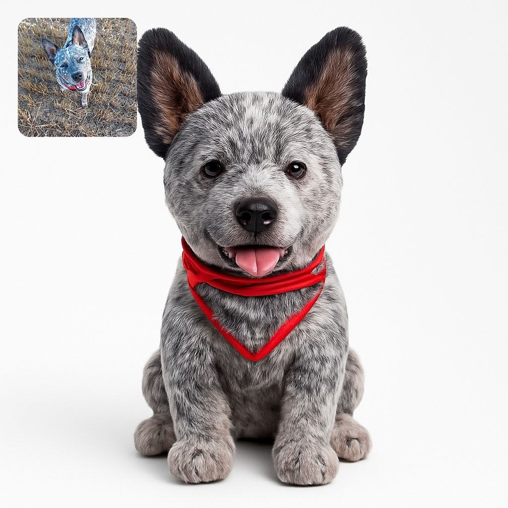 A cheerful dog with speckled gray fur and perky ears looks up at the camera with a big smile, standing in a dry grassy field with golden stalks and soft sunlight creating a warm, natural backdrop.