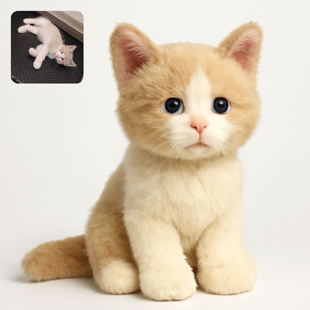 A fluffy kitten with striking blue eyes lounges lazily on a textured black surface, looking curiously at the camera with a mix of innocence and mischief.