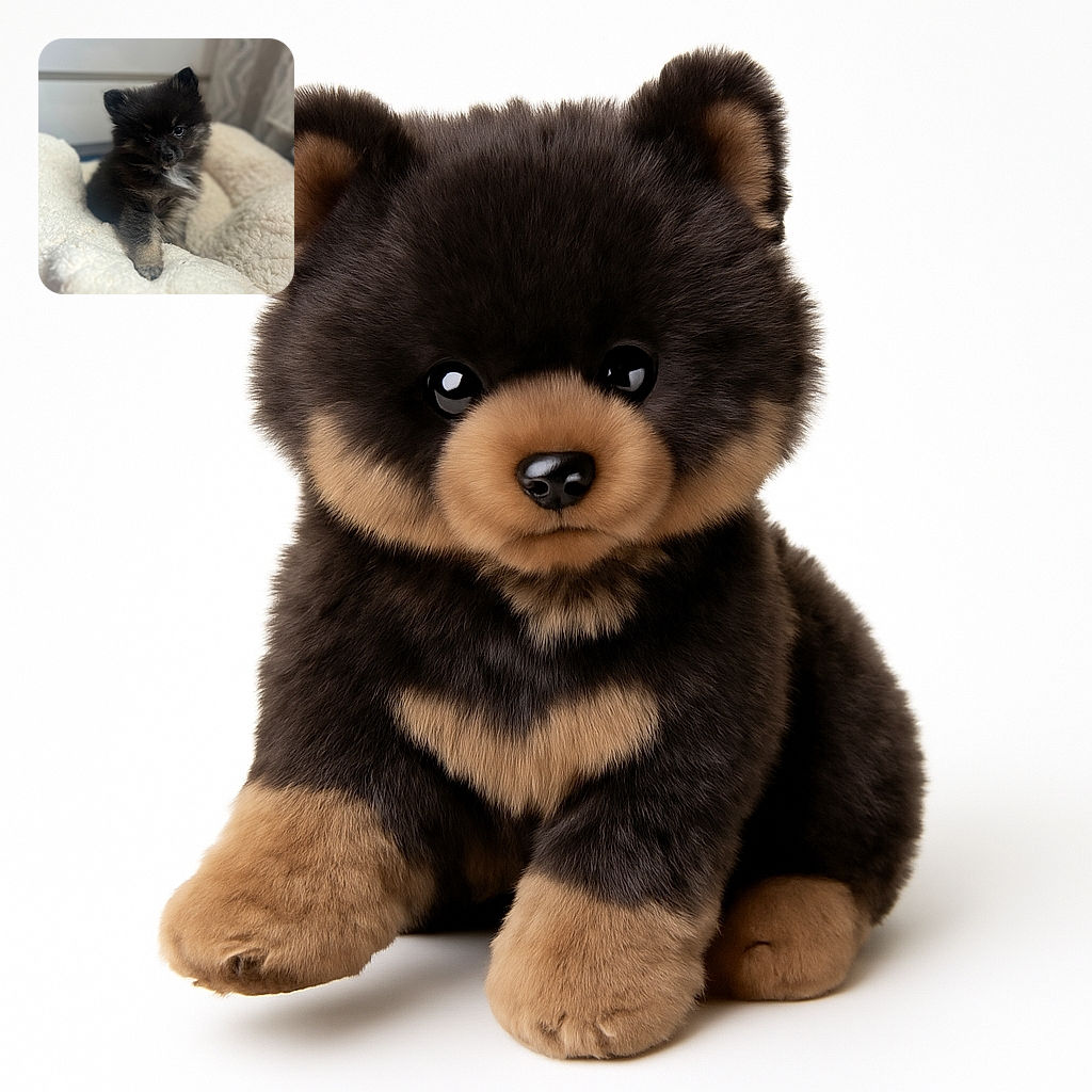 A fluffy little dark-furred puppy with soulful eyes lounges comfortably on a soft, white, plush blanket, looking curiously at the camera with a cozy and heartwarming backdrop.