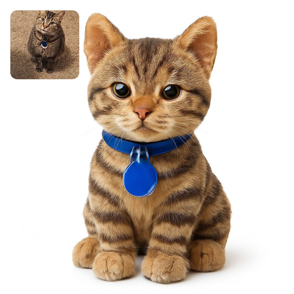 A charming tabby cat with striking stripes and bright eyes sits attentively on a textured carpet, wearing a collar with tags that add a touch of personality. The lighting highlights the cat's curious expression as it gazes upward, making for a cozy indoor portrait.