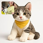 A young person wearing glasses and yellow clothes is striking a playful pout while holding a relaxed tabby and white cat that looks like it's ready for a nap or a cuddle session.