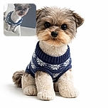 A small dog wearing a cozy sweater stands on the edge of a white chair, looking curiously at the camera. The background is a simple indoor setting with tiled floors and neutral colors.