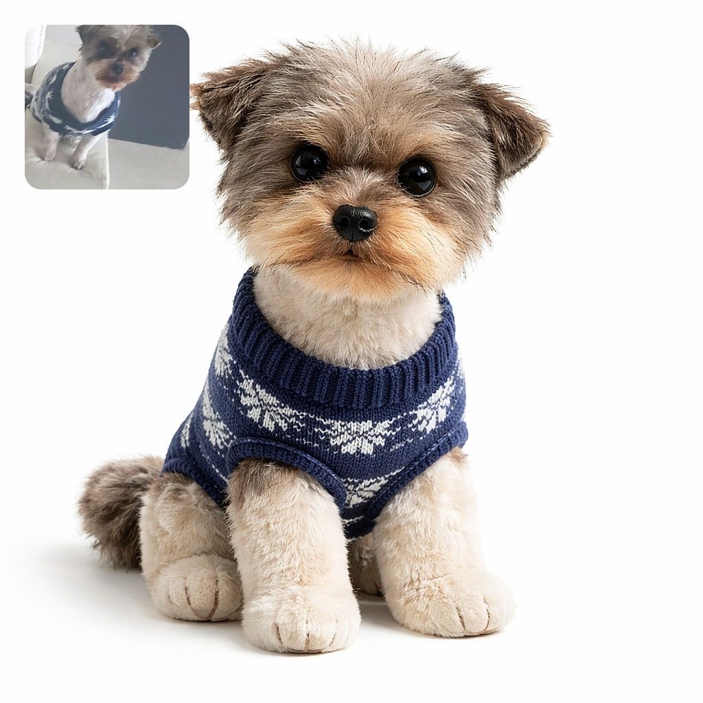 A small dog wearing a cozy sweater stands on the edge of a white chair, looking curiously at the camera. The background is a simple indoor setting with tiled floors and neutral colors.