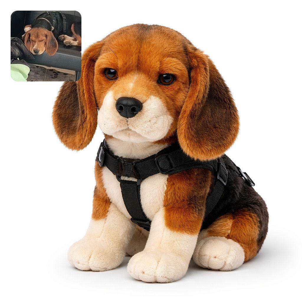 A sleepy beagle in a harness has surrendered to nap time on a bench, head flopped over the edge and paws curled — the ultimate commuter-vibe pup ignoring everything but dreams of treats.