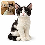 A curious black and white kitten sits inside a beige plastic pet carrier lined with a soft towel, peering out with wide eyes as if plotting its next adventure.