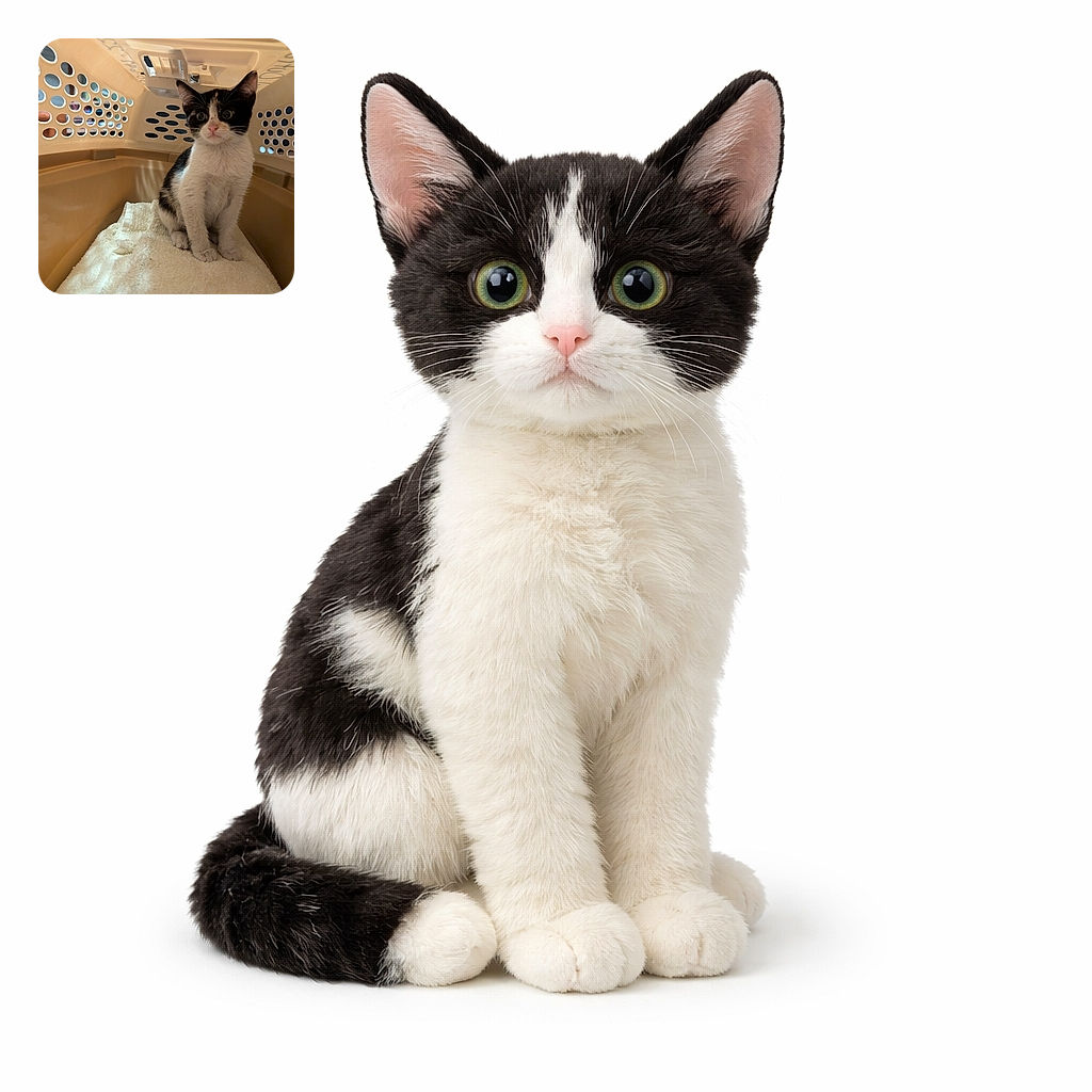 A curious black and white kitten sits inside a beige plastic pet carrier lined with a soft towel, peering out with wide eyes as if plotting its next adventure.