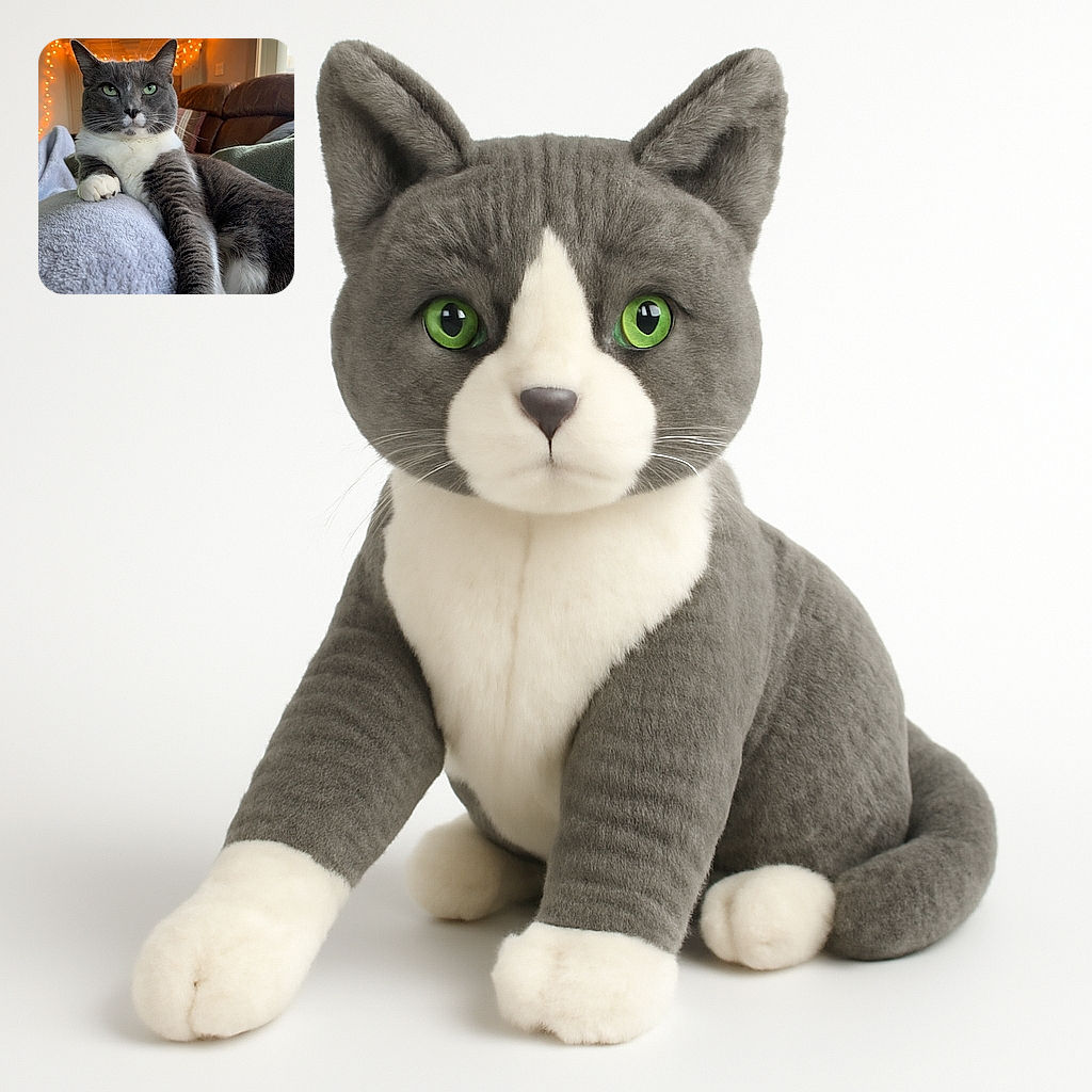 A regal grey and white cat lounges comfortably on a soft blanket with a cozy living room background adorned with warm fairy lights, creating a relaxed and inviting atmosphere.