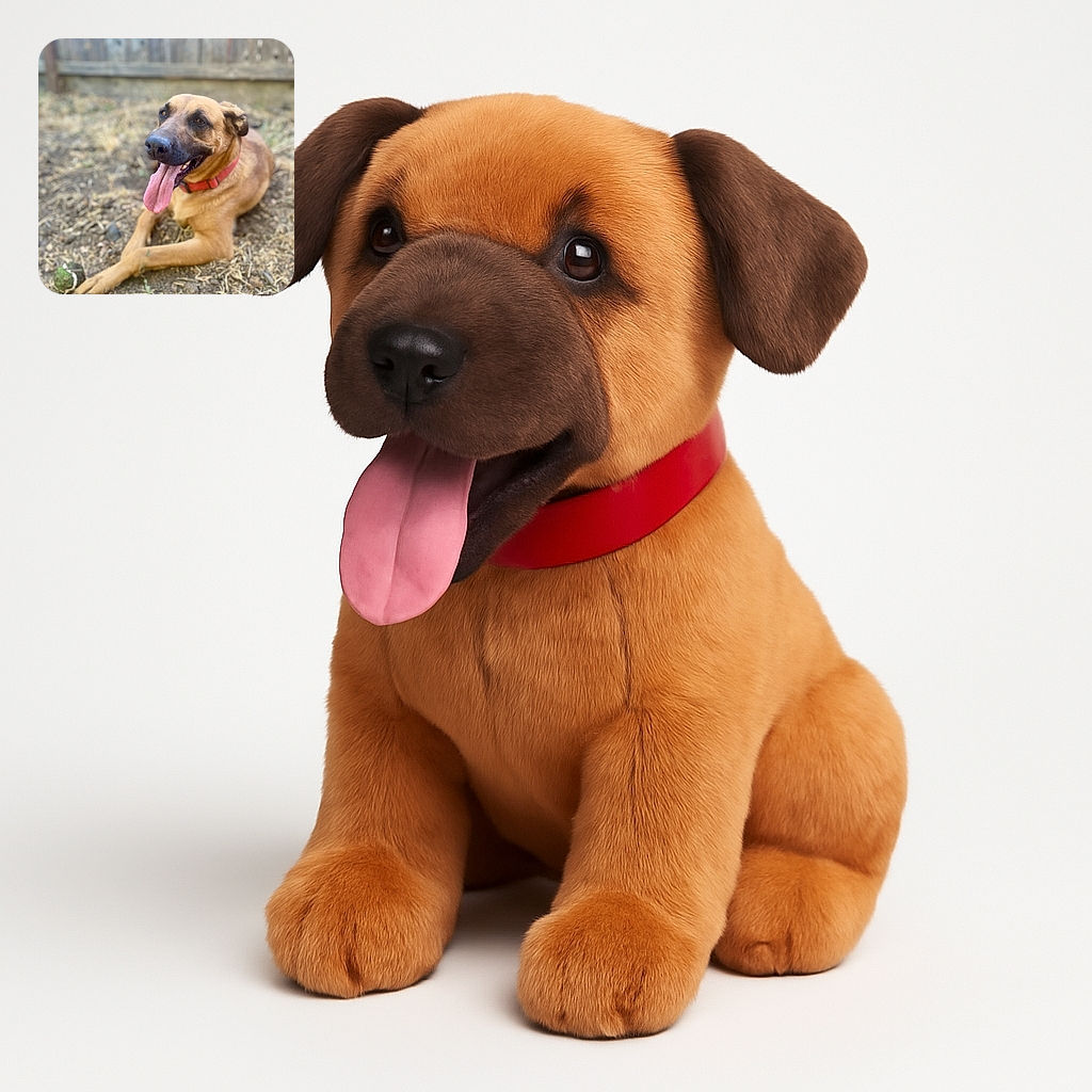 A happy dog with a red collar is lying on dry grass and dirt, panting with its tongue out, next to a worn tennis ball, with a wooden fence blurred in the background.