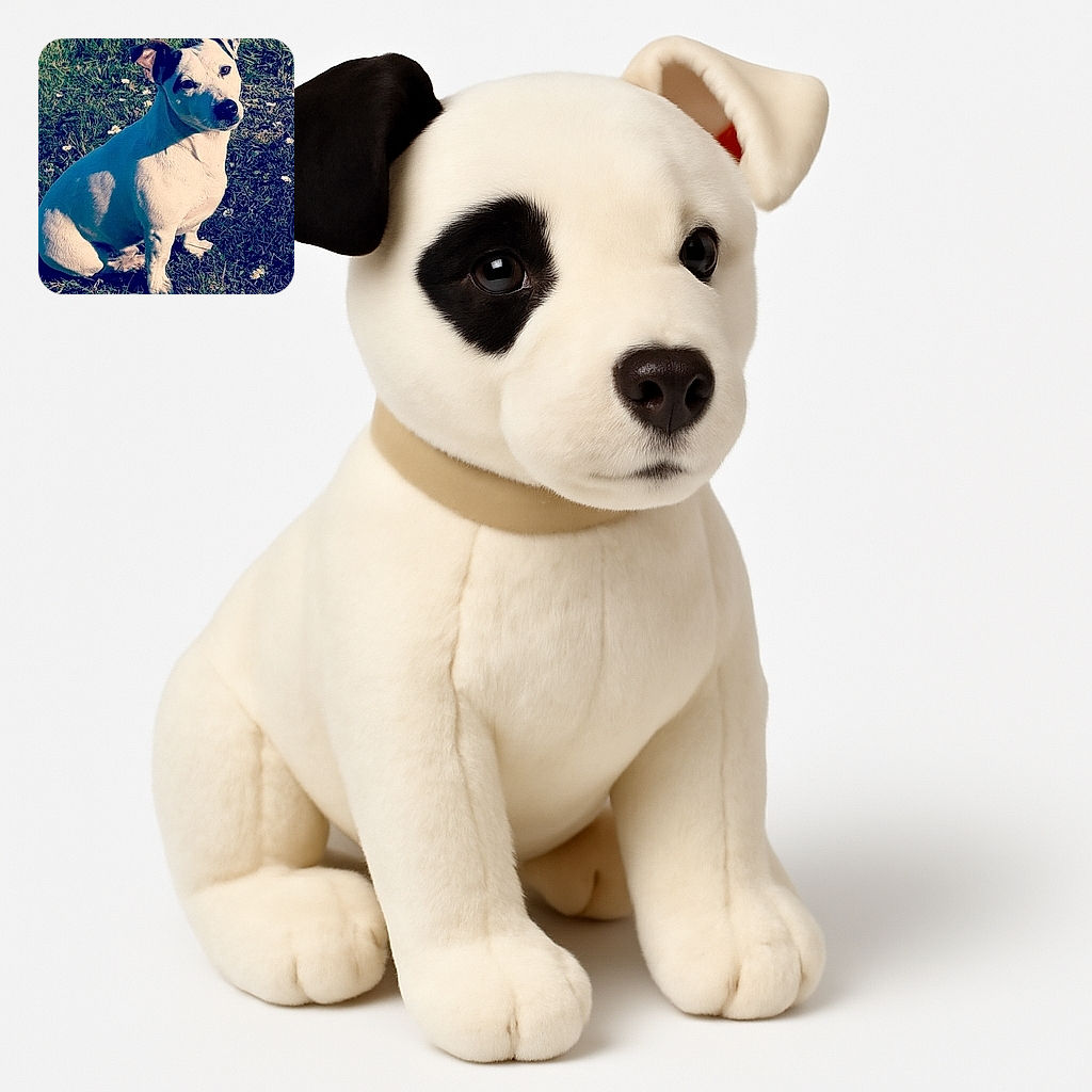 A charming white dog with a black patch over one eye sits attentively on a grassy patch dotted with small white flowers, basking in the sunlight with a curious and gentle expression.