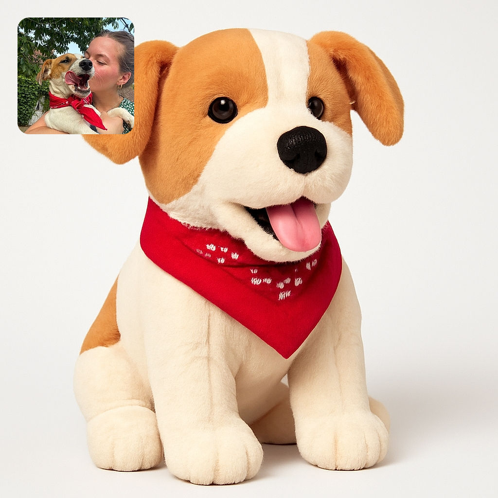 A joyful moment captured where a woman lovingly kisses a happy dog wearing a red bandana. The dog appears to be mid-yawn or licking its lips, adding a playful and candid feel to the photo. The background features lush green leaves and a rustic building, enhancing the warm and natural vibe.
