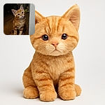 An adorable ginger kitten with big, curious eyes sits attentively on a wooden floor, its fluffy fur glowing softly in the dim light, while the background fades into shadows, creating a cozy and intimate atmosphere.
