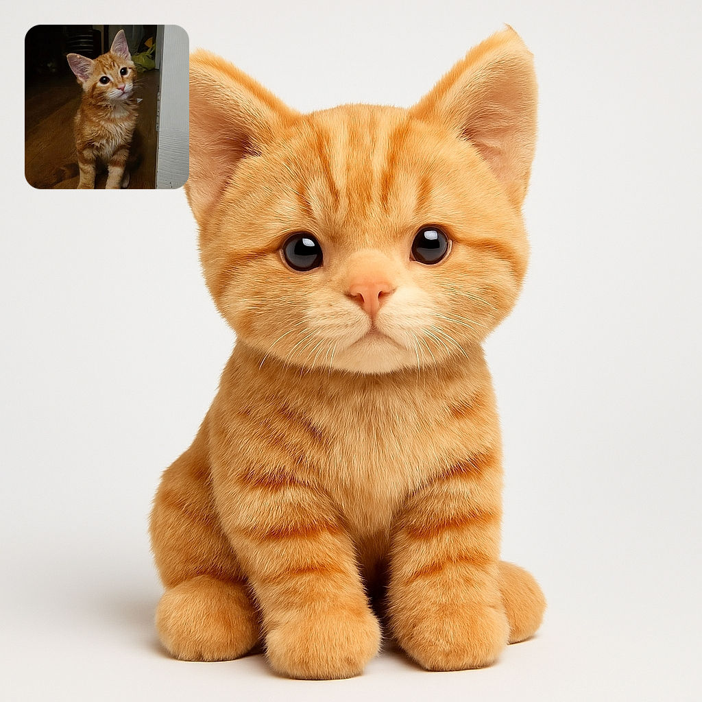 An adorable ginger kitten with big, curious eyes sits attentively on a wooden floor, its fluffy fur glowing softly in the dim light, while the background fades into shadows, creating a cozy and intimate atmosphere.