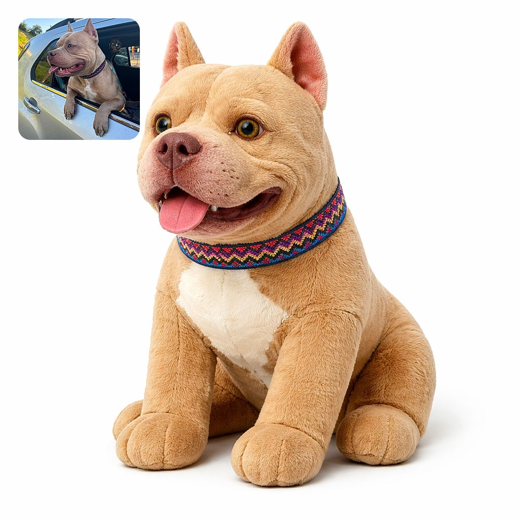 A cheerful pitbull leans out the car window like a furry traffic cop, tongue out and paws draped over the door while a colorful collar steals the spotlight.