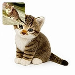 A tiny tabby kitten sits proudly on the floor, looking like it has just been promoted to chief inspector of every paw-print in the house. Its bright eyes, oversized ears, fluffy chest, and elegant trailing tail steal the whole scene.