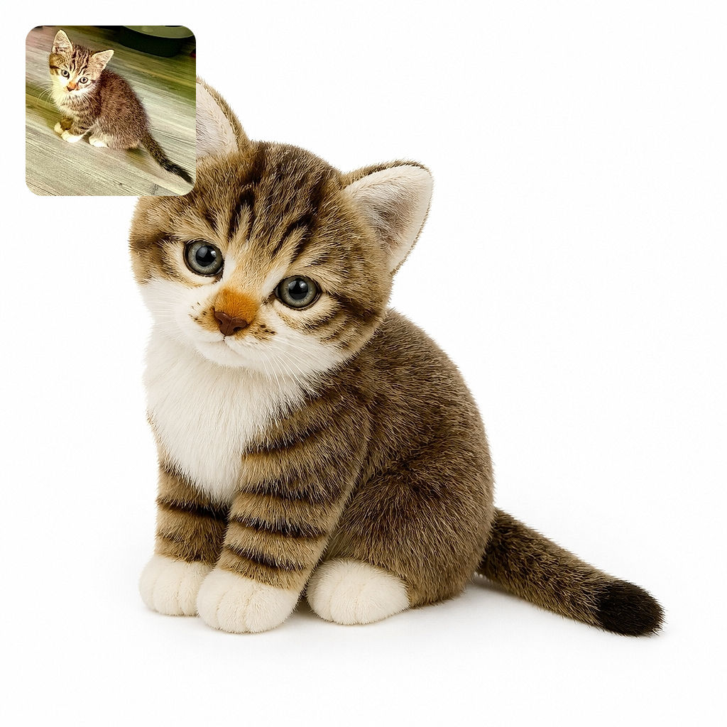 A tiny tabby kitten sits proudly on the floor, looking like it has just been promoted to chief inspector of every paw-print in the house. Its bright eyes, oversized ears, fluffy chest, and elegant trailing tail steal the whole scene.