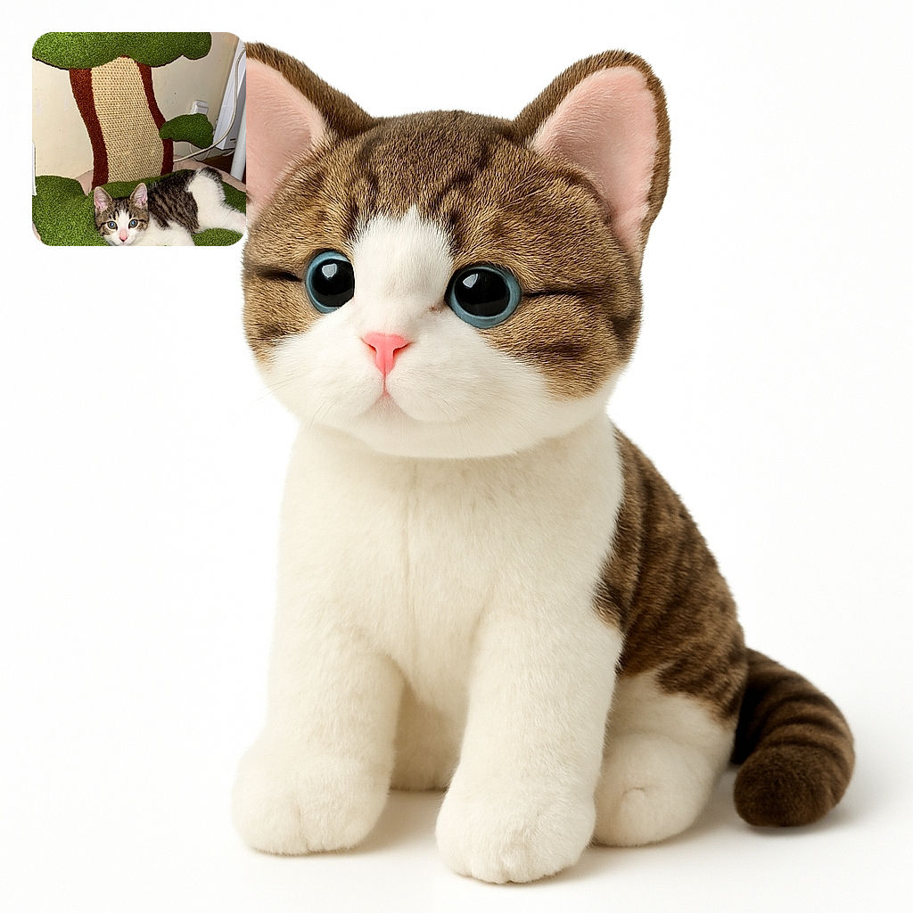 A curious kitten lounges comfortably on a green, tree-shaped scratching post with a textured trunk, its wide eyes gazing directly at the camera in a cozy indoor setting.