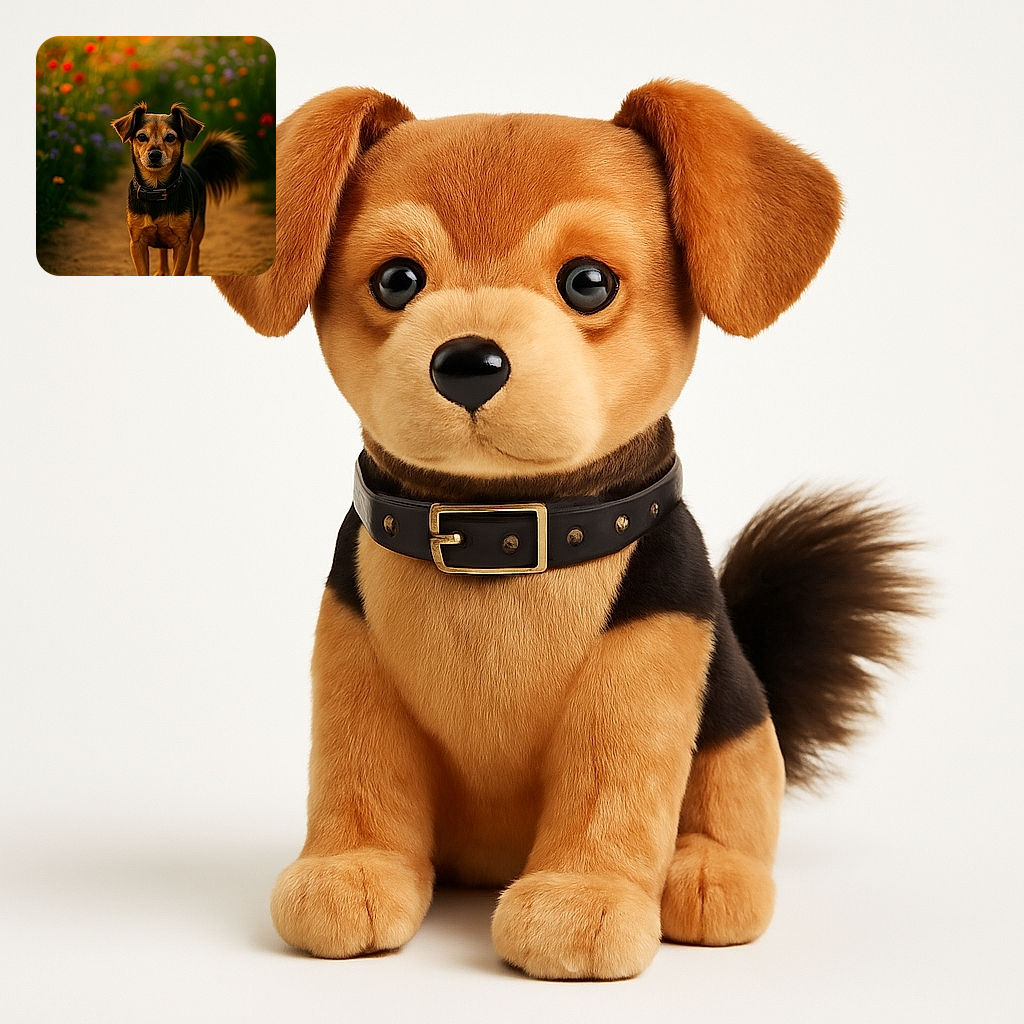 A charming small dog stands confidently on a dirt path surrounded by a vibrant, softly blurred field of colorful flowers, bathed in warm golden light that gives the scene a magical, almost storybook feel.
