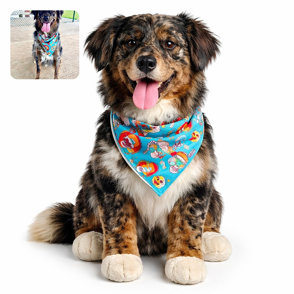 A happy dog with a colorful bandana sits obediently on a concrete floor in front of a chain-link fence, tongue out and eyes bright, looking ready for an adventure or a treat.