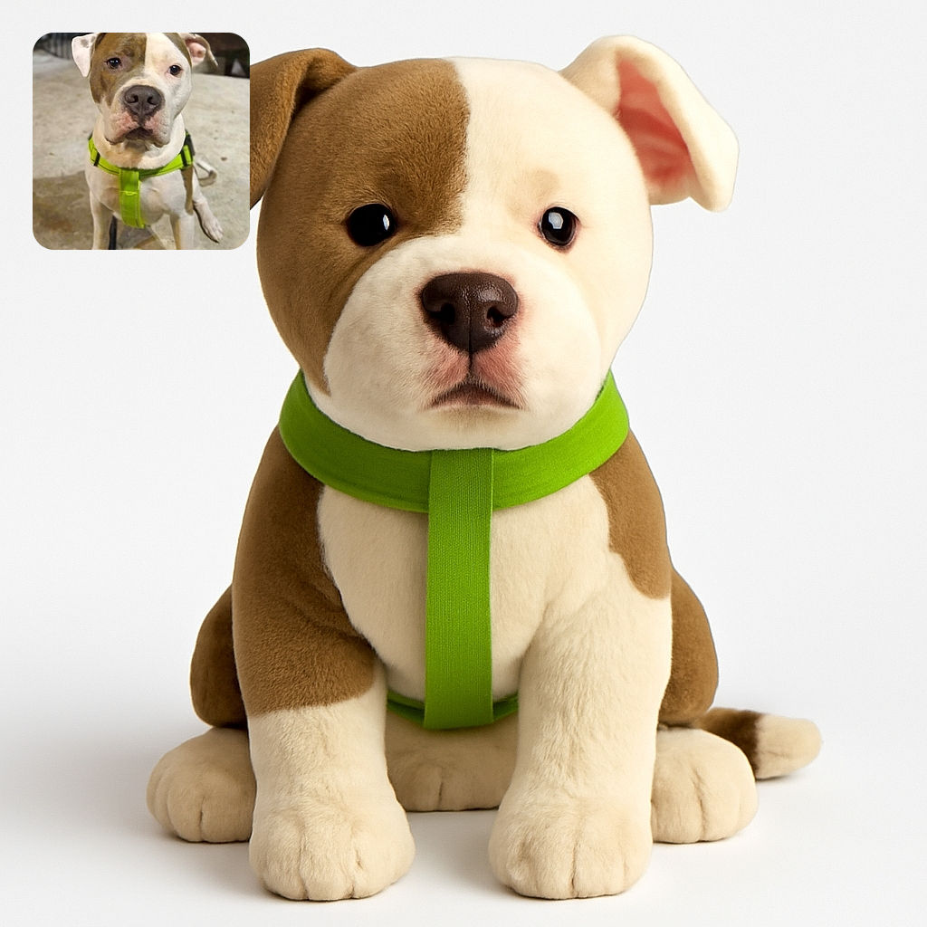 A charming dog with a green harness sits attentively on a concrete surface, its expressive eyes looking straight at the camera, with a softly blurred background hinting at an outdoor setting.