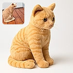 A fluffy orange cat sits on a wooden deck, looking intently to the side as if plotting its next adventure or judging the quality of the wood beneath its paws.