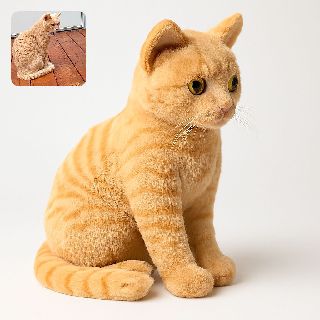 A fluffy orange cat sits on a wooden deck, looking intently to the side as if plotting its next adventure or judging the quality of the wood beneath its paws.