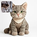 A cozy tabby cat with striking green eyes lounges comfortably on a wrinkled, striped bedspread, casting a curious glance at the camera as if pondering the mysteries of the universe—or just wondering where the next meal is.