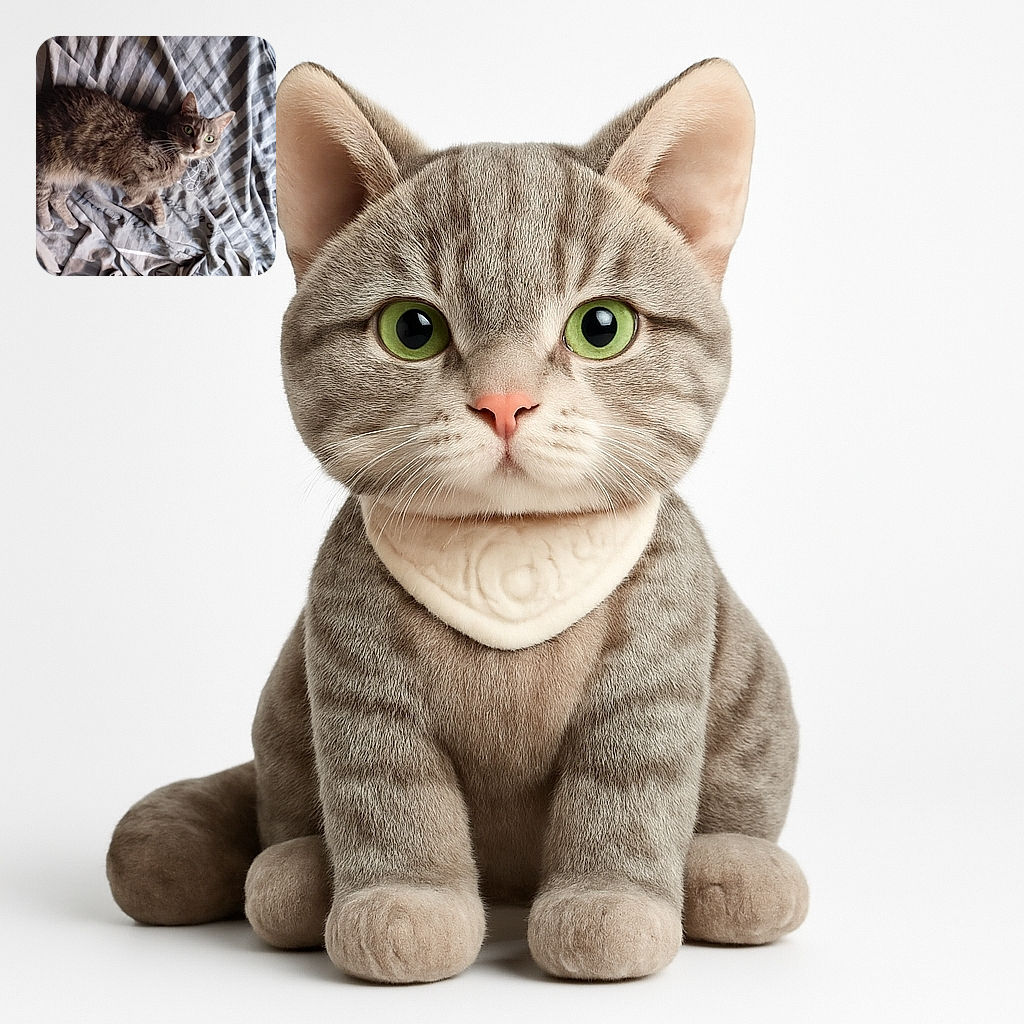 A cozy tabby cat with striking green eyes lounges comfortably on a wrinkled, striped bedspread, casting a curious glance at the camera as if pondering the mysteries of the universe—or just wondering where the next meal is.