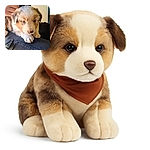 An adorable puppy with striking blue eyes lounges comfortably on a person's lap, showcasing soft fur and innocent curiosity. The background features a cozy indoor setting with warm lighting, highlighting the puppy's fluffy coat and gentle expression.