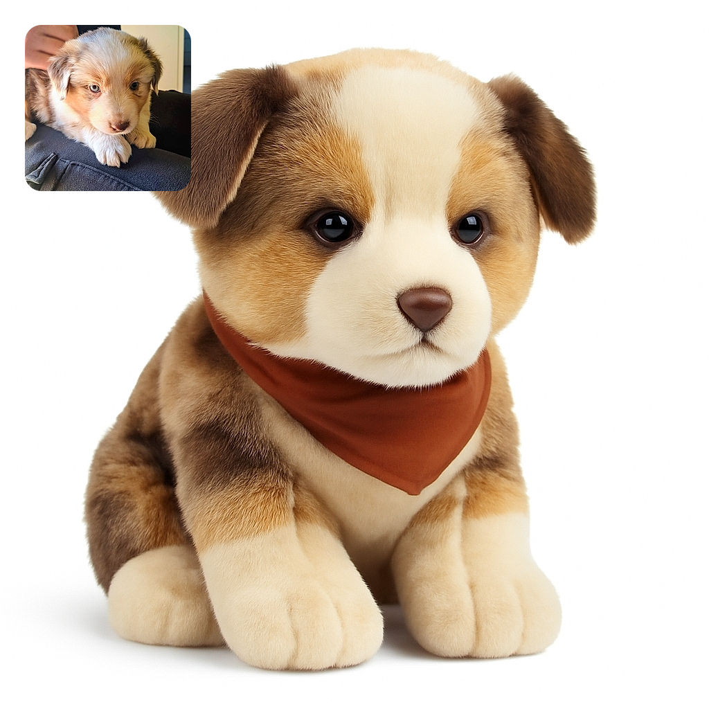 An adorable puppy with striking blue eyes lounges comfortably on a person's lap, showcasing soft fur and innocent curiosity. The background features a cozy indoor setting with warm lighting, highlighting the puppy's fluffy coat and gentle expression.
