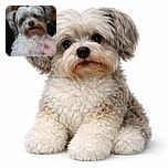 A fluffy white and gray dog with a slightly scruffy face is being petted by a hand, sitting indoors with various household items in the background. The photo has moderate focus and lighting, capturing a candid moment of affection.
