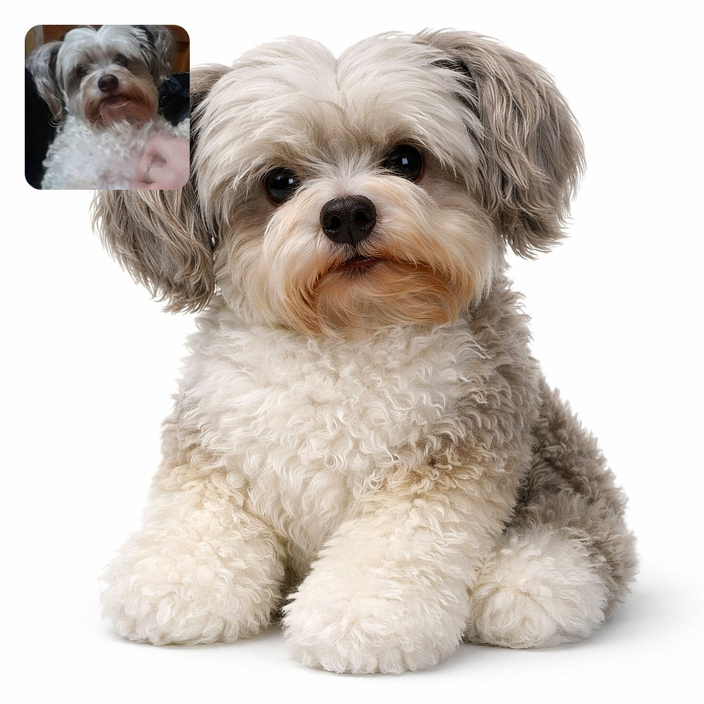 A fluffy white and gray dog with a slightly scruffy face is being petted by a hand, sitting indoors with various household items in the background. The photo has moderate focus and lighting, capturing a candid moment of affection.