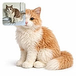 A fluffy, cream and white cat sits gracefully on a bed, looking directly at the camera with a calm and curious expression. The background is simple with a white wall and a lamp, highlighting the cat's soft fur and relaxed posture.