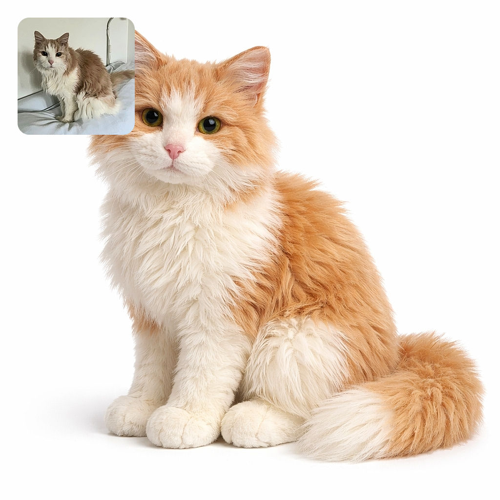A fluffy, cream and white cat sits gracefully on a bed, looking directly at the camera with a calm and curious expression. The background is simple with a white wall and a lamp, highlighting the cat's soft fur and relaxed posture.