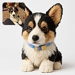 An adorable tricolor puppy with big ears and soulful eyes leans on a person's leg, looking ready for some cuddles. The cozy indoor setting features a patterned blanket in the background and a carpeted floor, making it a warm and inviting snapshot of puppy love.